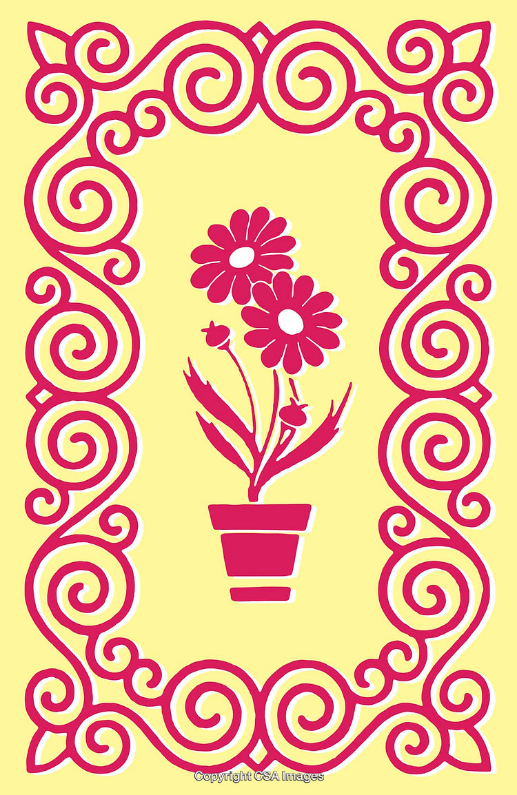 Decorative Floral Illustration with Vibrant Swirl Borders and a Blooming Plant