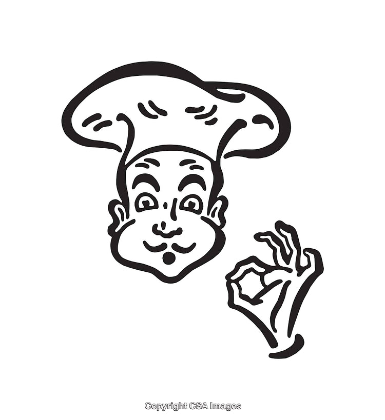 Black and White Line Art Illustration of a Chef Giving an Okay Sign