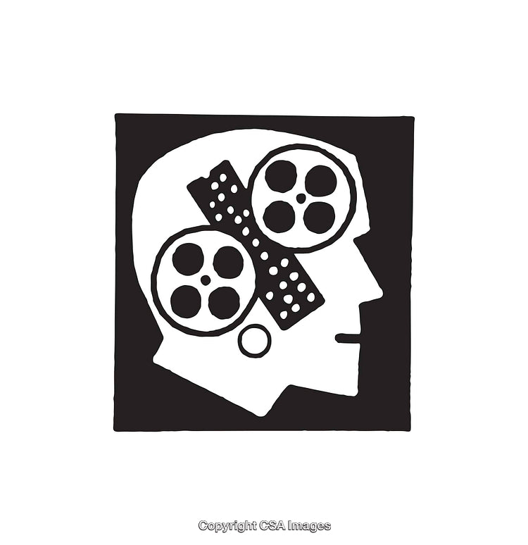 Stylized Head Illustration Incorporating Film Reels and Cinematic Elements