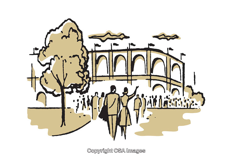 Illustrated Crowd Approaching Architectural Venue In Modern Artwork Style