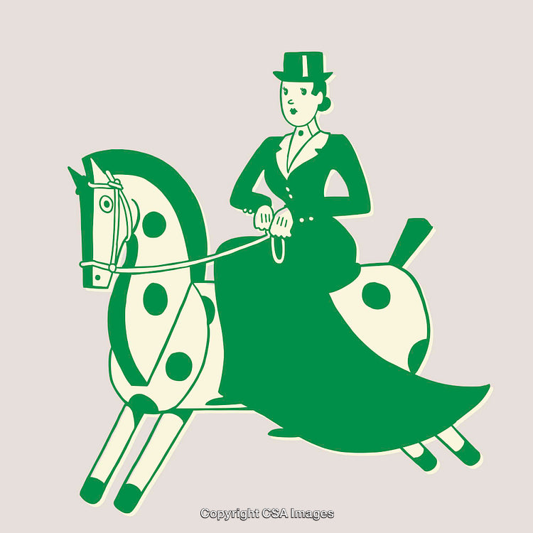 Elegant Lady Riding a Horse in Stylized Line Art Illustration