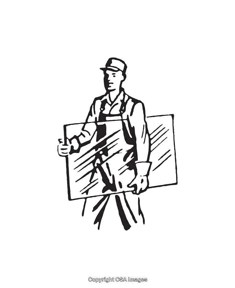 Black And White Line Art of a Worker Carrying a Large Pane
