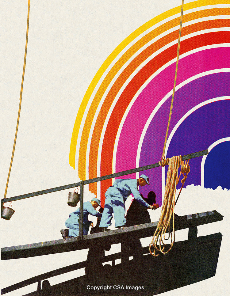 Vibrant Construction Workers Painting with Rainbow Backdrop in Abstract Style
