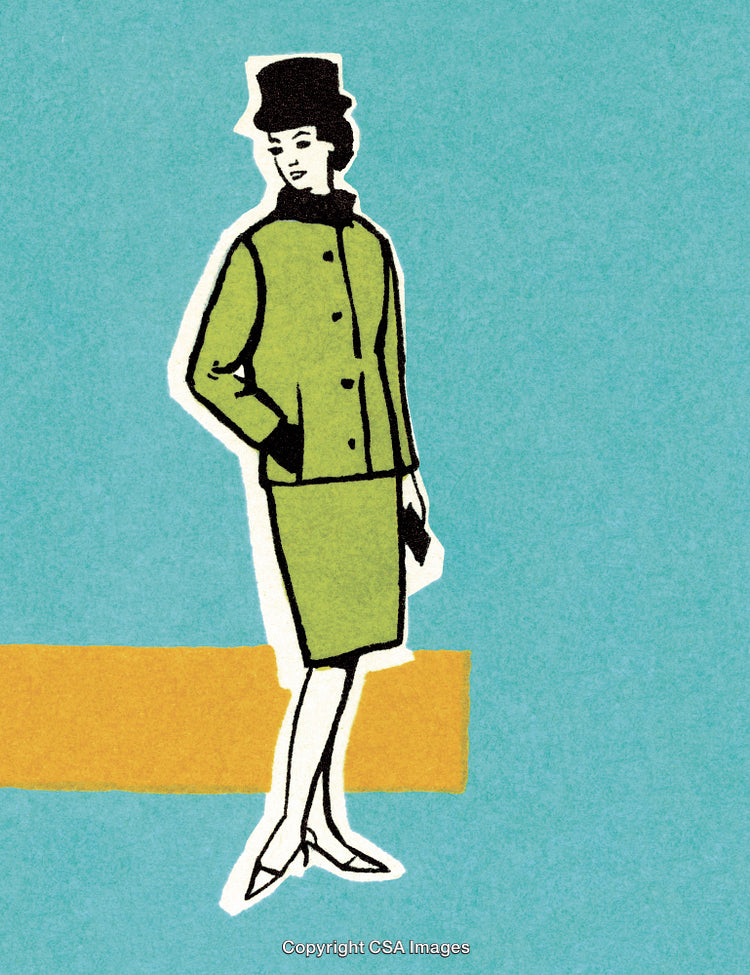 Retro Illustration of Woman in Green Coat and Skirt with Hat on Blue