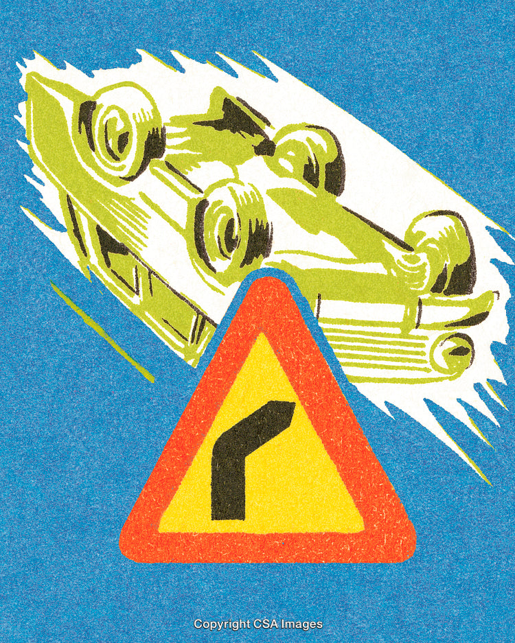 Retro Illustration of Race Car with Curvy Road Warning Sign