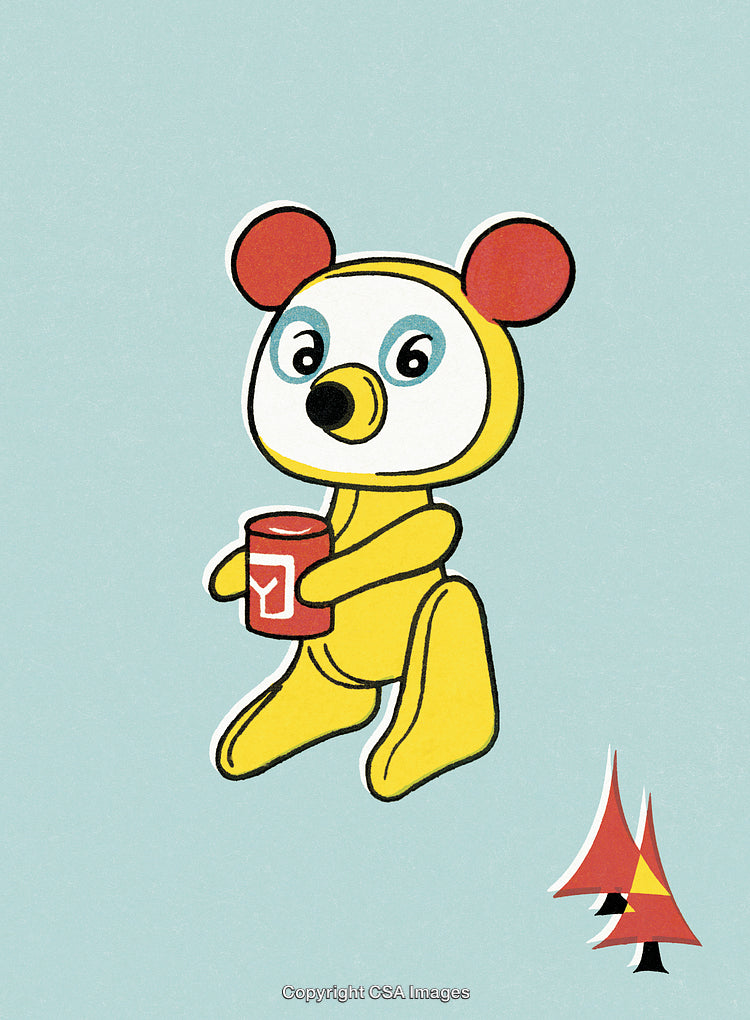 Toy Bear Holding a Can with Retro Artistic Design on Pastel Background