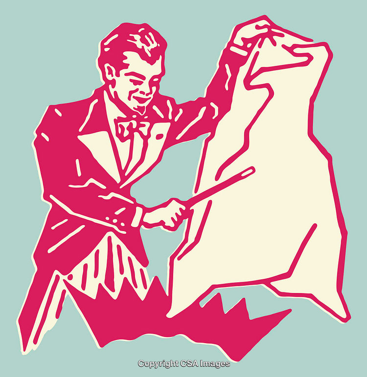 Stylized Illustration of a Magician Performing a Magic Trick in Vibrant Colors
