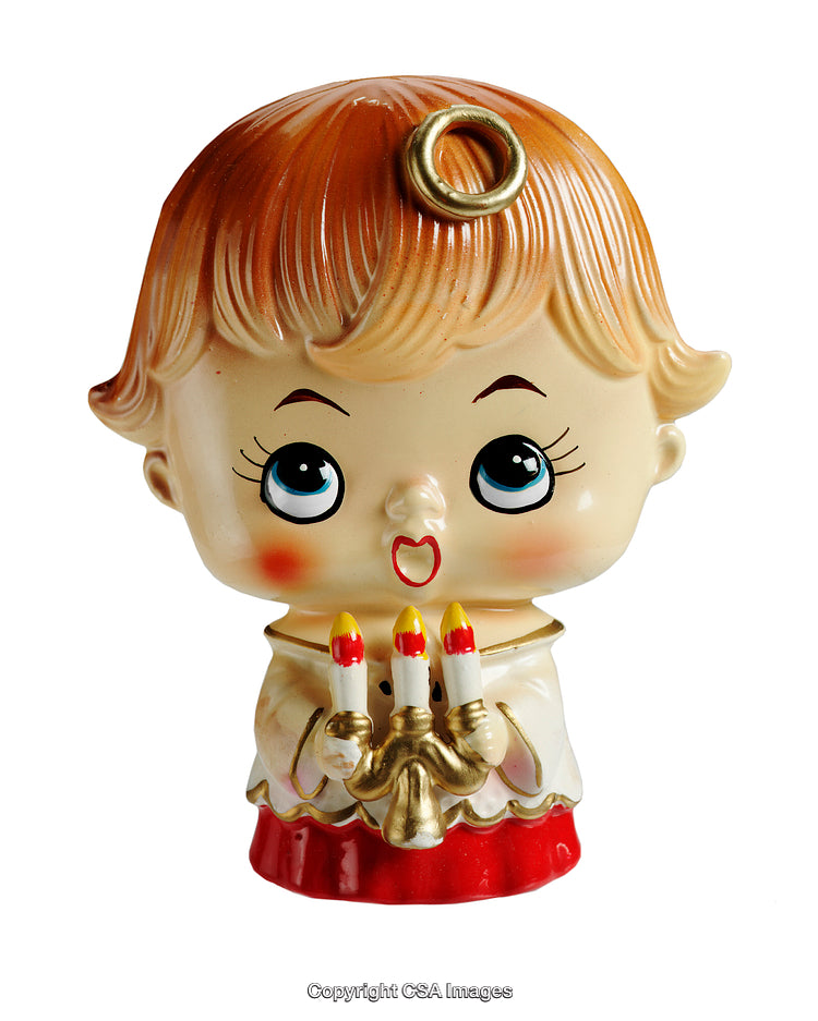 Vintage Figurine of a Girl Holding Decorative Candles on White Background