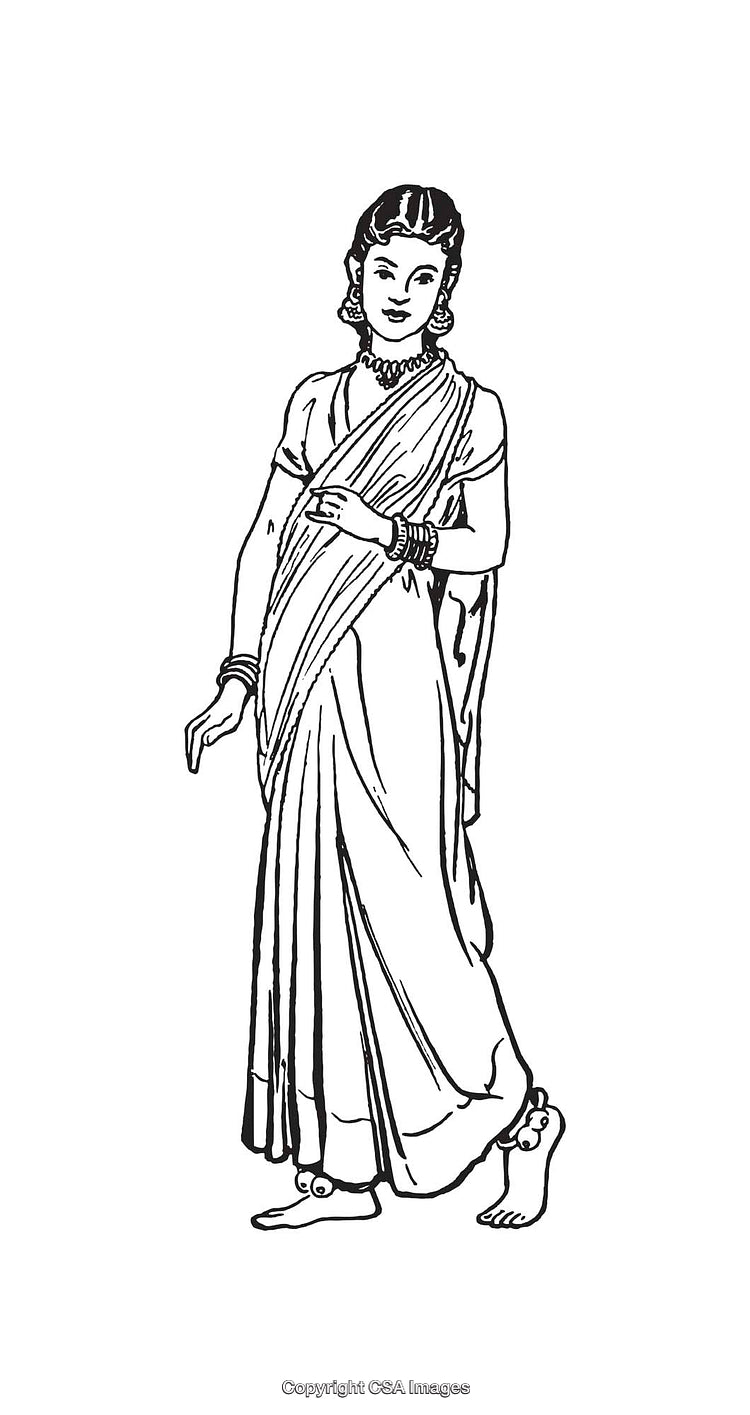 Elegant Black and White Line Illustration of Traditional Woman in Sari