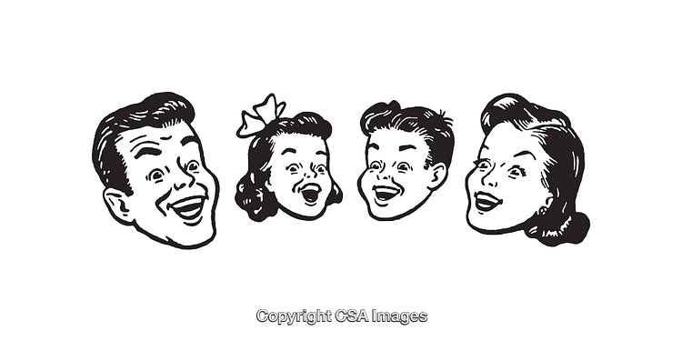 Vintage Black and White Illustration of a Happy Family Line Art