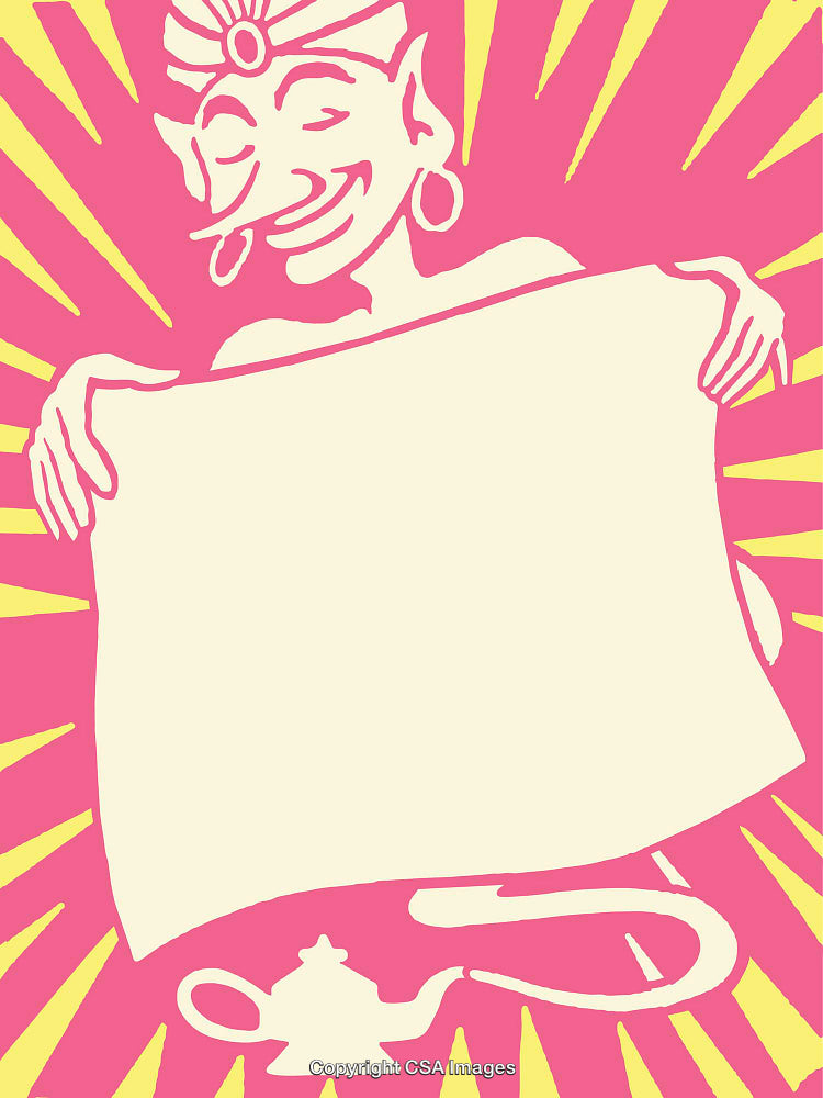 Colorful Illustration of a Genie Holding a Blank Scroll with a Lamp