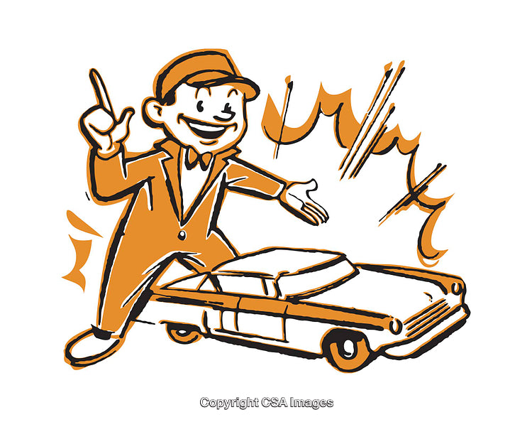 Vintage Style Car Salesperson Illustration Pointing to Classic Vehicle