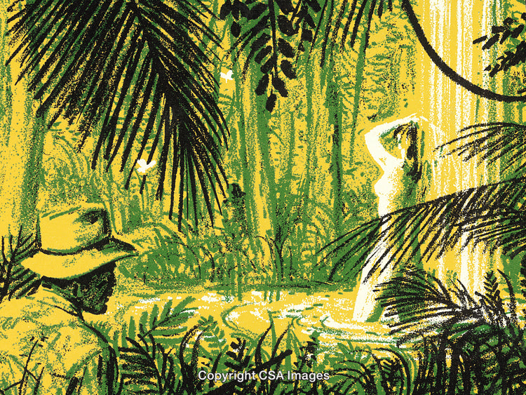 Exploration Scene in Vibrant Jungle with Waterfall and Person Observing Nature