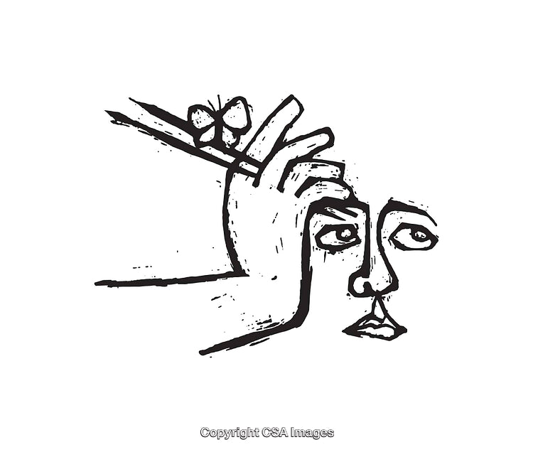 Abstract Black and White Line Art Depicting a Face and Butterfly