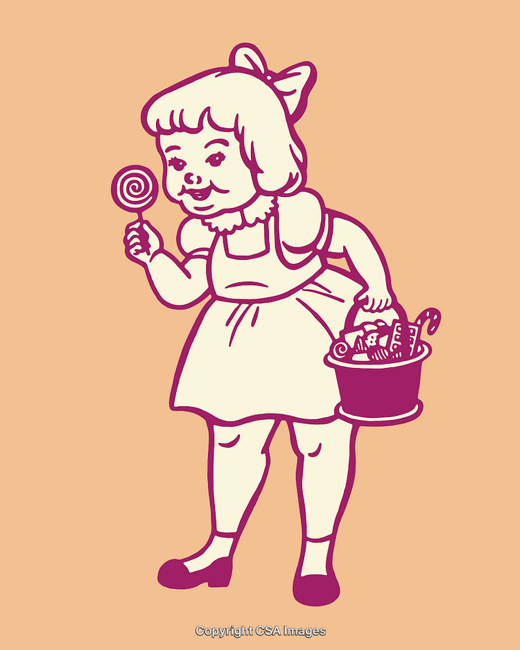 Vintage Style Artwork of a Candy Filled Basket and Girl Holding Lollipop