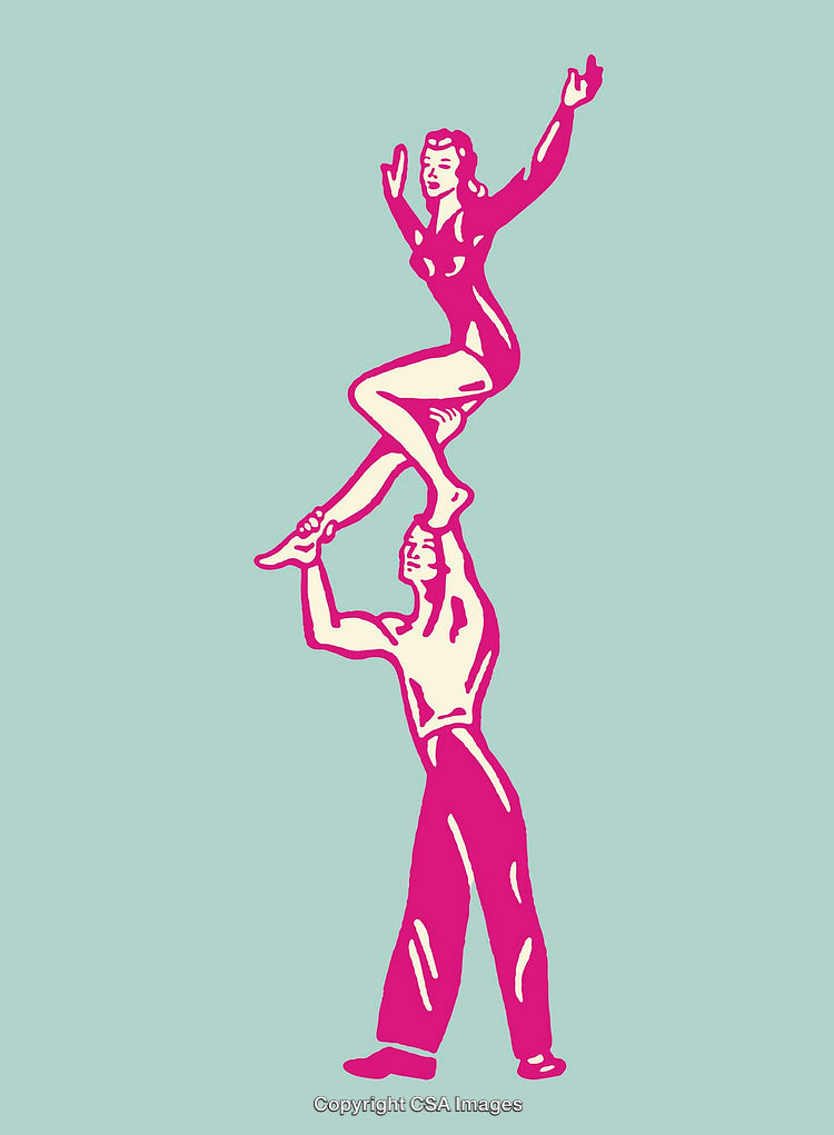 Retro Style Acrobatics Line Art Depicting A Stunt Duo
