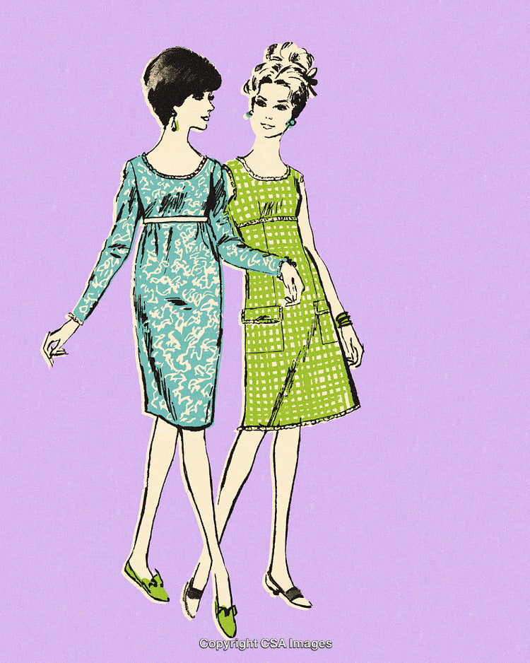 Retro Illustration of Two Women in Stylish Vintage Dresses