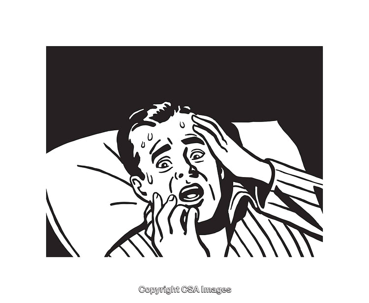 Black and White Illustration of a Man Experiencing Intense Fear in Bed