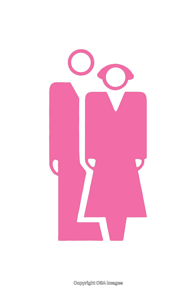 Stylized Pink Icon of Two Standing Figures on a White Background