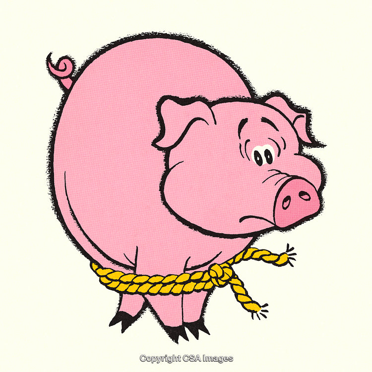 Illustration of a Pink Cartoon Pig with a Rope Around Its Waist