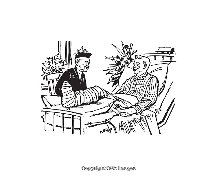 Vintage Line Art of Hospital Visit Scene with Flowers and Smiling Friends