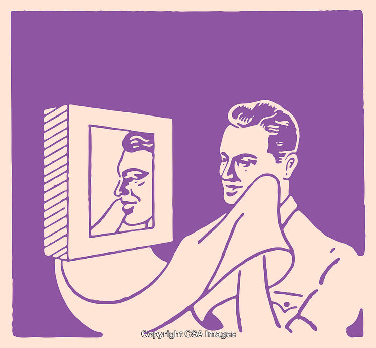 Retro Themed Line Art of a Man Cleaning a Mirror Reflection