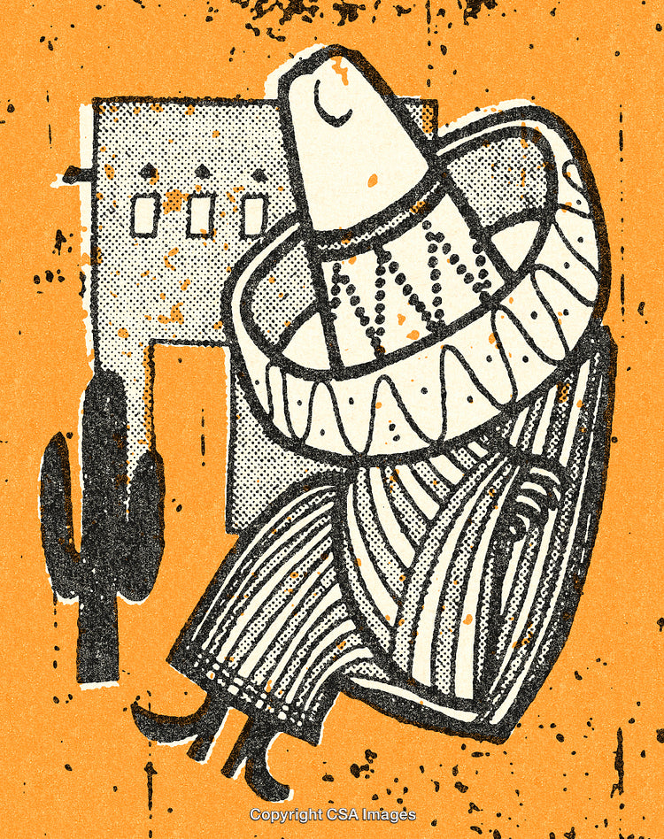 Vintage Southwestern Illustration of a Sombrero and Cactus on an Orange Background