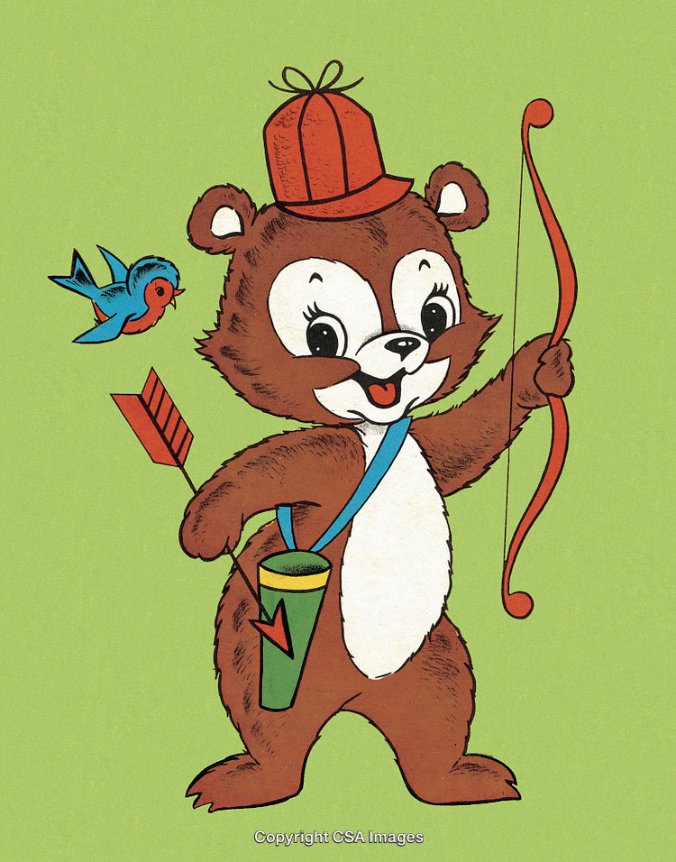 Cartoon Bear with Bow and Arrow and Blue Bird on Green Background