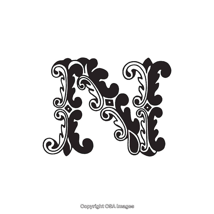 Elegant Decorative Letter N with Ornamental Design in Black and White