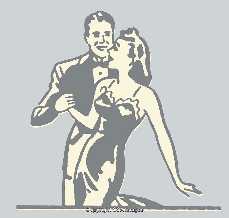 Romantic Couple Dancing in Vintage Style Line Art Illustration