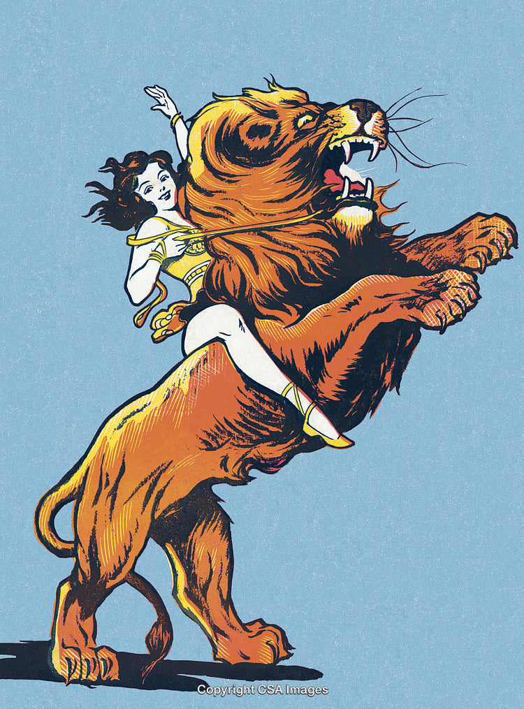 Bold Woman Riding a Majestic Roaring Lion in Vintage Illustration Style