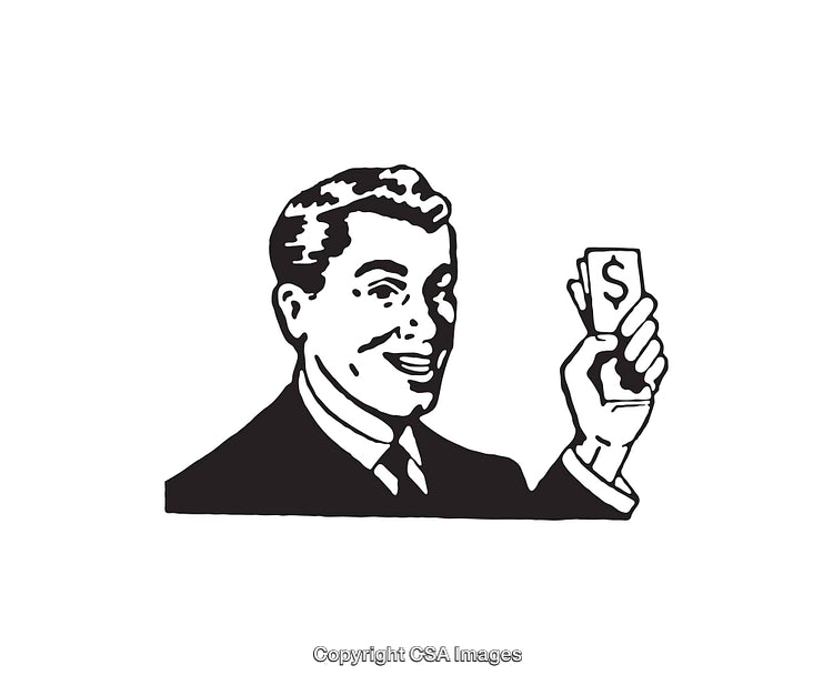 Retro Black and White Illustration of Businessman Holding Money