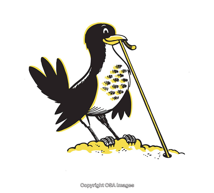 Stylized Bird Illustration Featuring Black, White, And Yellow Colors