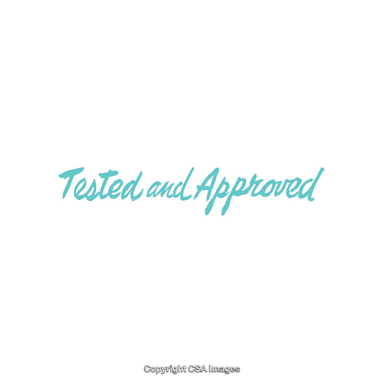 Turquoise Text Depicting the Phrase Tested and Approved on White Background