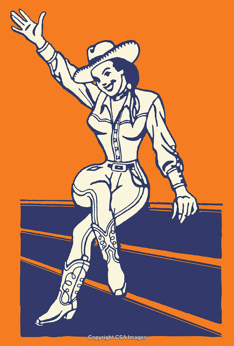 Colorful Line Art of Cowgirl Sitting and Smiling in Western Style