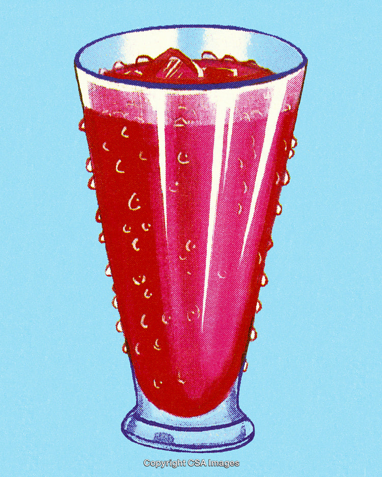 Vibrant Red Beverage Glass with Ice on a Bright Blue Background
