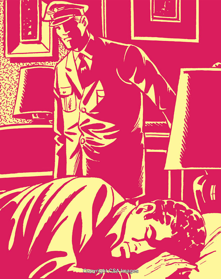 Retro Style Illustration of a Detective Observing a Sleeping Man