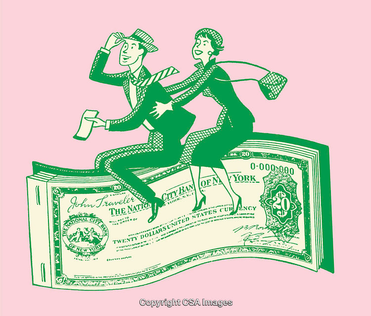 Retro Illustration of a Couple Riding a Giant Dollar Bill