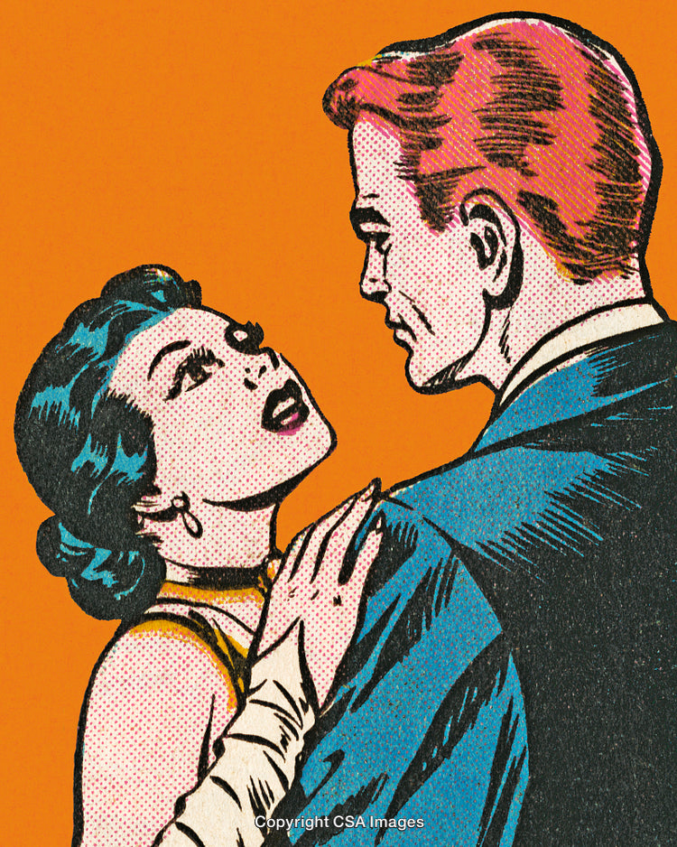 Retro Comic Style Illustration Depicting a Romantic Couple's Dramatic Interaction
