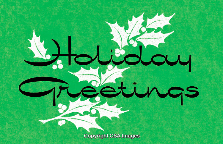 Festive Holiday Greeting Card with Holly Leaves and Bright Green Background