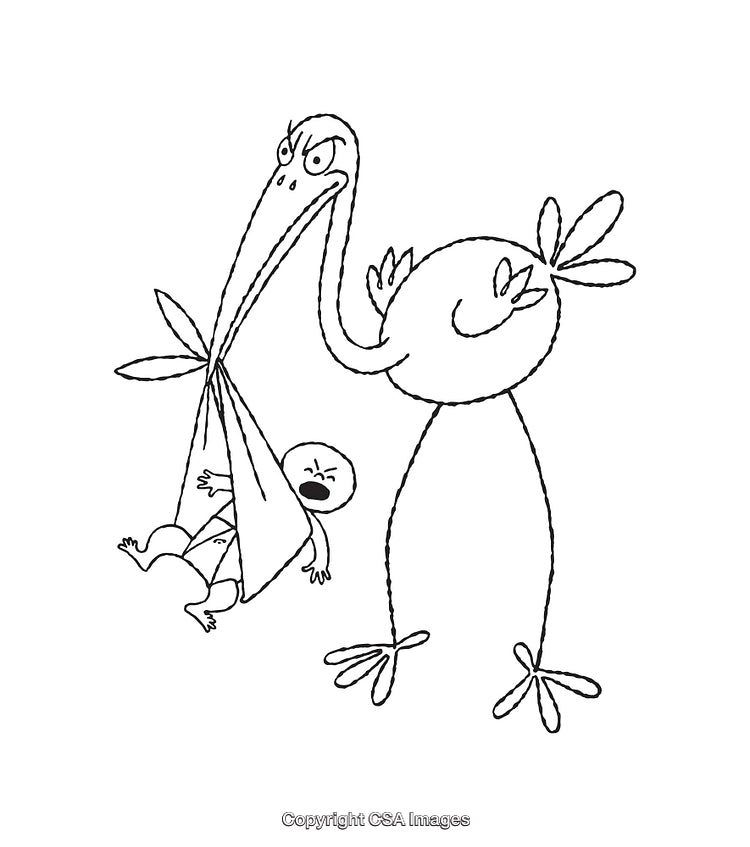 Funny Black and White Illustration of a Stork Holding a Crying Baby