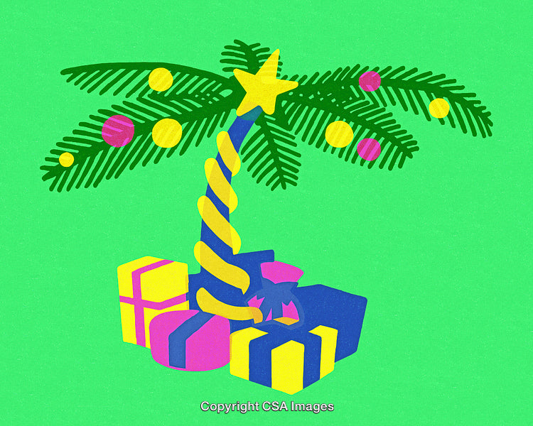 Colorful Tropical Palm Decorated for Christmas Celebration with Festive Gifts