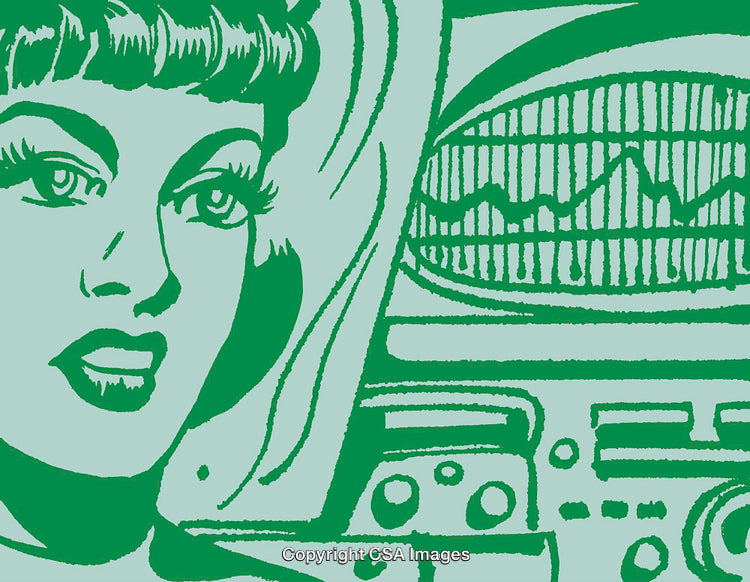 Retro Styled Pop-Comic Woman Interacting with Tech Devices in Abstract Composition