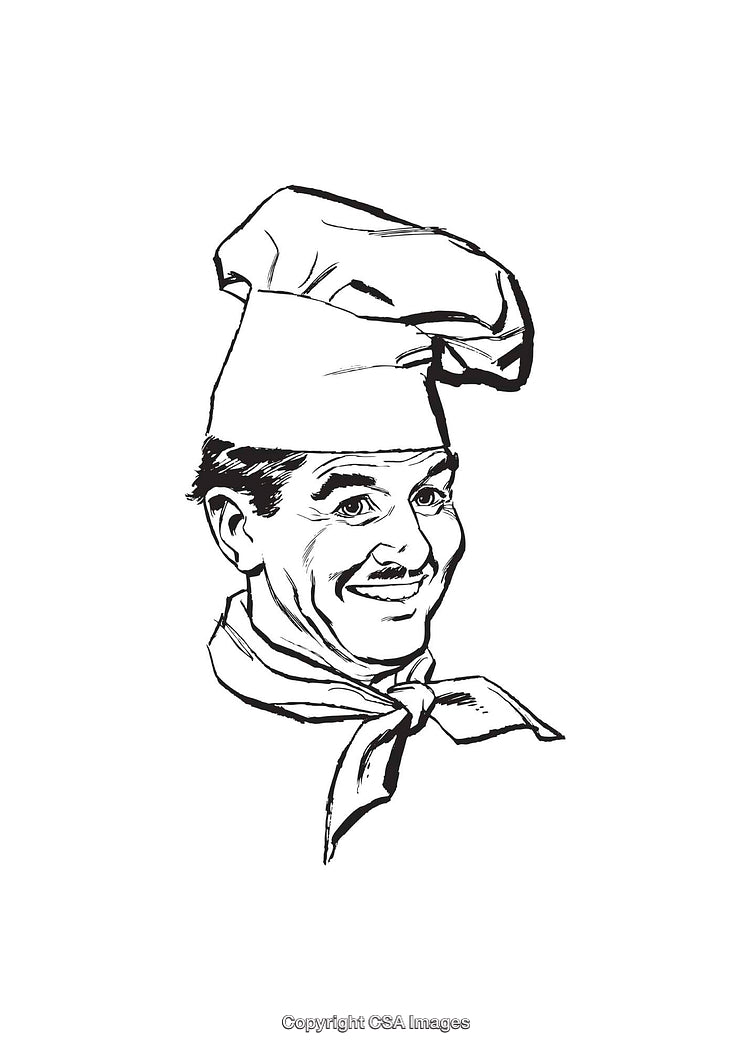Black and White Line Art of a Smiling Chef With a Traditional Hat