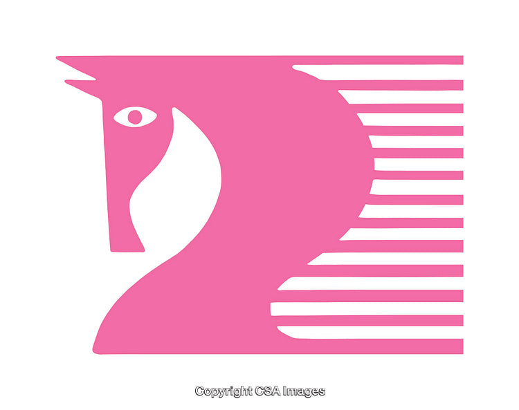 Stylized Pink Horse Icon with Abstract Striped Background