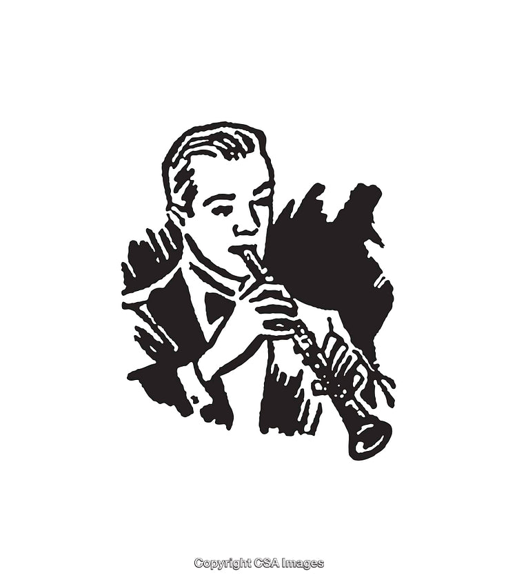 Vintage Black and White Line Art of Man Playing Clarinet Instrument