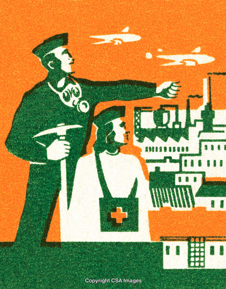 Industrial Collaboration Scene Representing Workers and Healthcare Professionals in Color Illustration