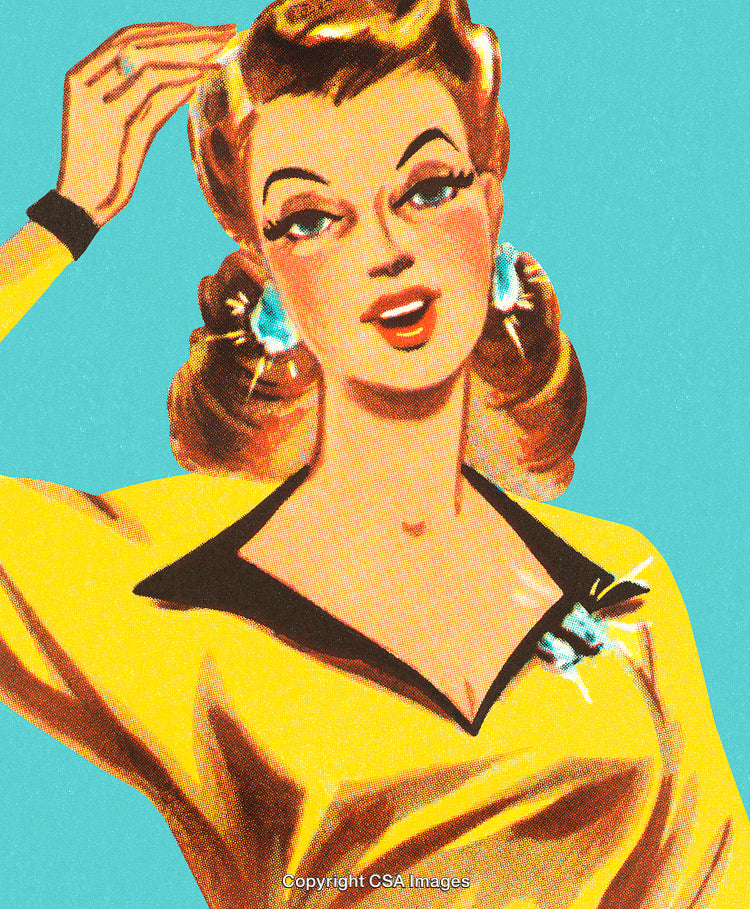 Stylish Retro Woman in a Yellow Attire Against a Blue Backdrop