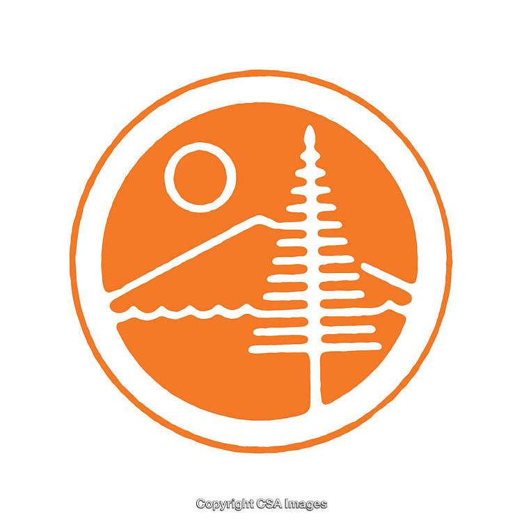 Orange Nature-Inspired Icon Featuring Sun, Mountain, Tree, and Waves Design