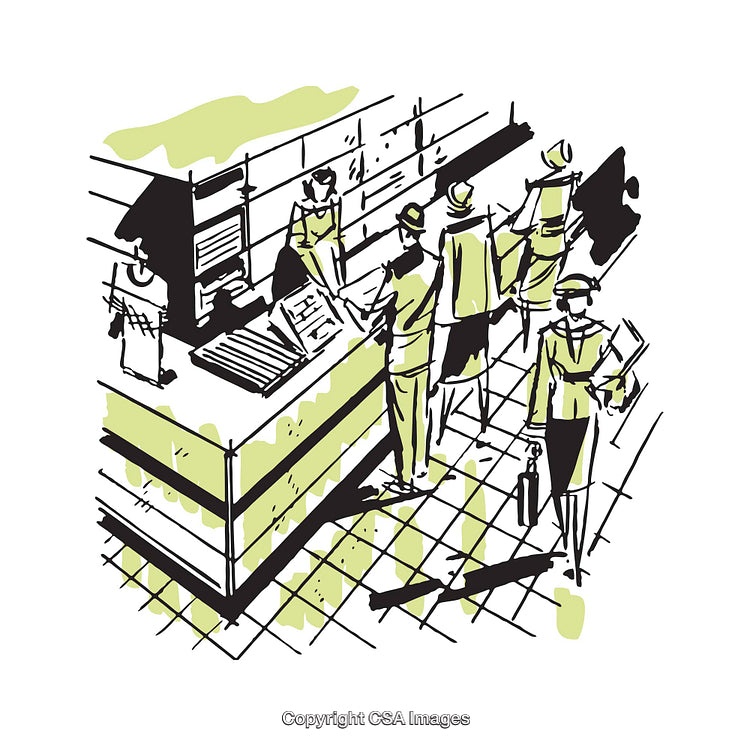 Illustration of a Busy Retail Store Scene Featuring Customers and Transactions